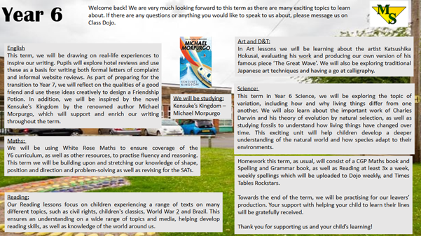 image showing text explaining year 6 work